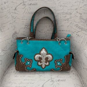 Turquoise and Brown Embellished Handbag